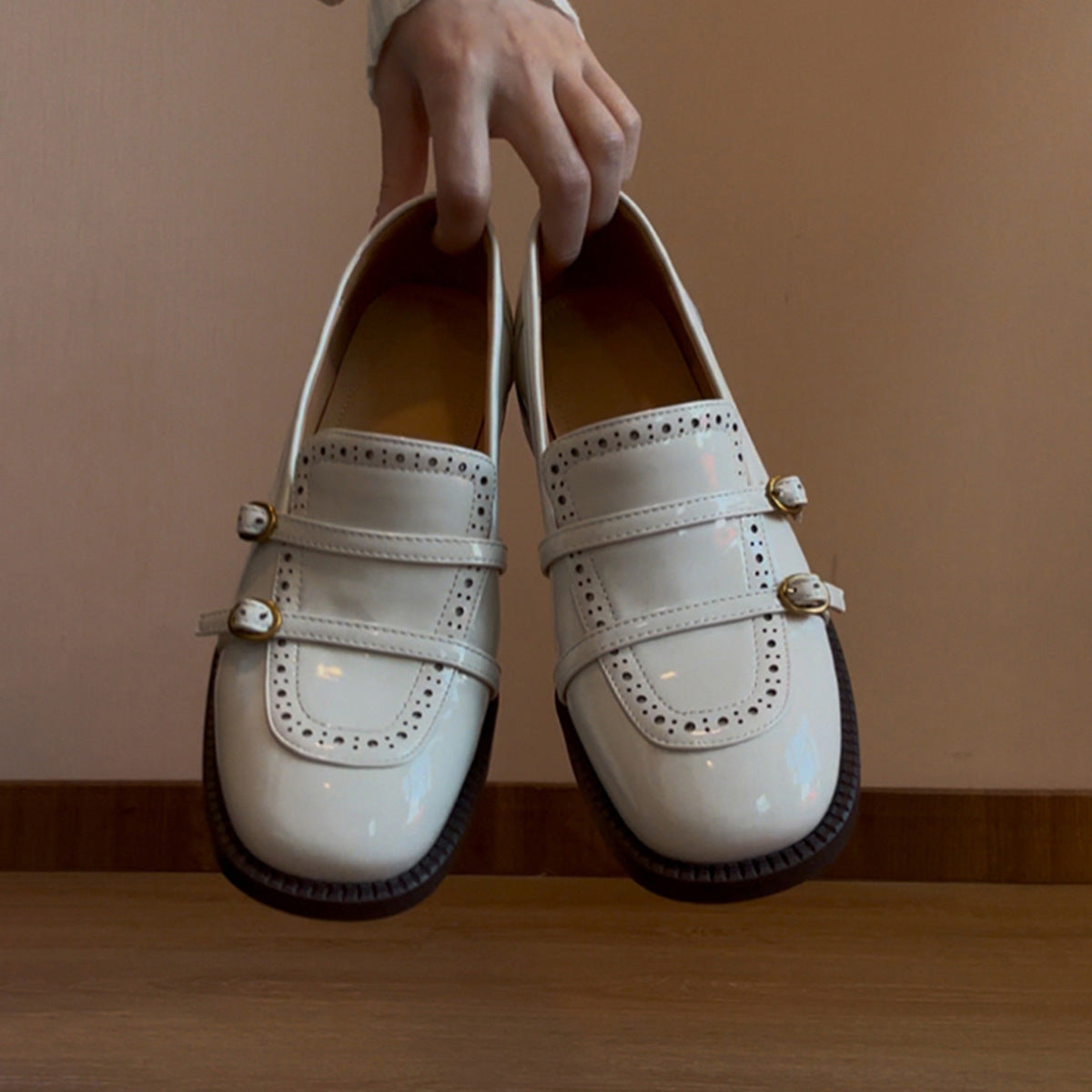 French Style Gentle White Loafers for Women with Belt Buckle Carved Slip-On Low Heel Shoes