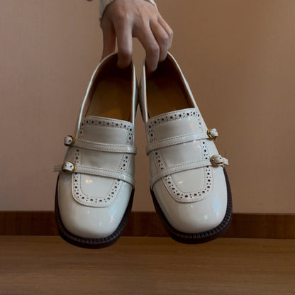 French Style Gentle White Loafers for Women with Belt Buckle Carved Slip-On Low Heel Shoes