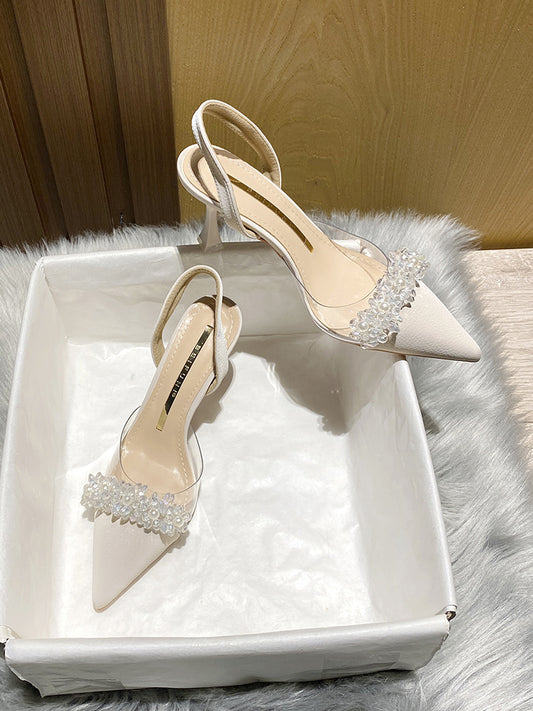 Women's Closed-Toe Sandals for Spring and Summer2023New Year's New French Transparent Pointed Toe Small Heel White High Heels Stiletto Single Shoes
