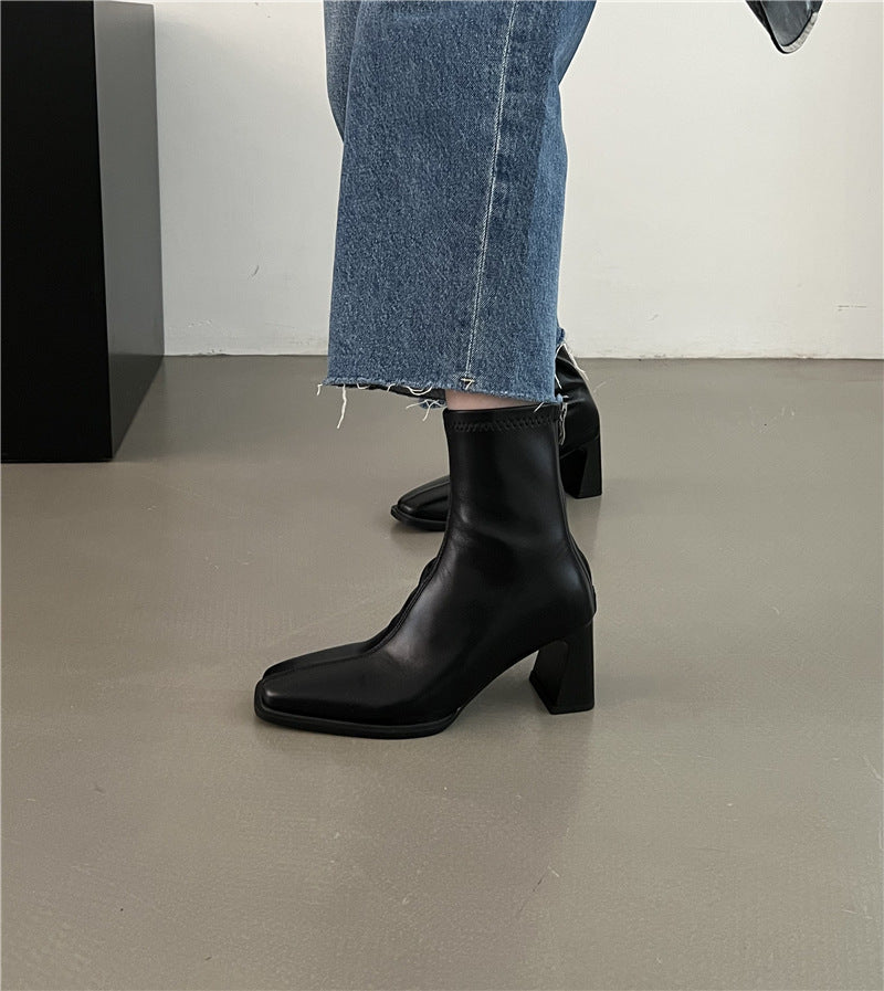 High Heel Slim Boots for Women Little Fairy2024New Year's Thick Heel Chimney Boots Internet Celebrity Fashion Chelsea Short Boots