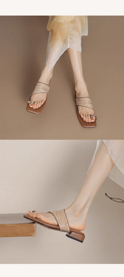 Thick Heel Vacation Style Straw Weave Toe Clip Sandals for Women Summer Outdoor Wear2024New French Style Sandals
