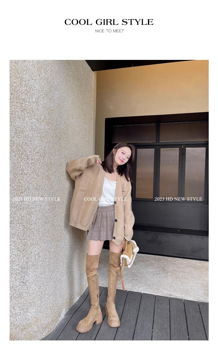 2025New Retro Small Western Boots for Women, Autumn and Winter Fleece-Lined Over-the-Knee Long Boots, Brown Long Boots, Riding Boots