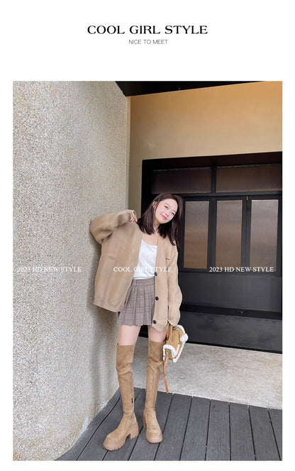 2025New Retro Small Western Boots for Women, Autumn and Winter Fleece-Lined Over-the-Knee Long Boots, Brown Long Boots, Riding Boots
