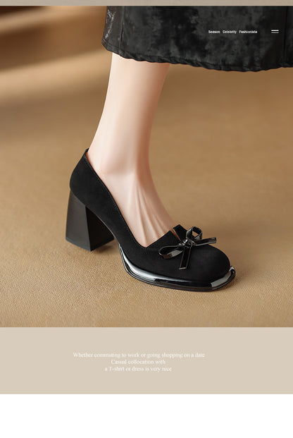 2024Spring New Style Bowknot Matte Chunky Heel Pumps for Women Shallow Mouth Waterproof Platform Chunky Heel Pumps