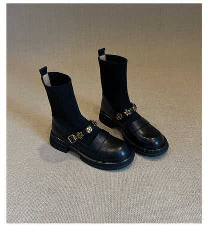 Thick-Soled Metal Buckle Elastic Short Boots Retro College Style Knitted Slim Boots Women Versatile Loafers Sock Boots