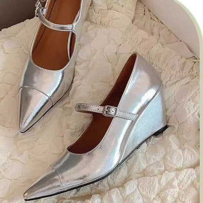 Yi Mengling Same Style2023Shoe Fairy Shoes to Match Dress Rich Lady Shoes Wedge White Single Shoes Pointed Toe Maggie Jane