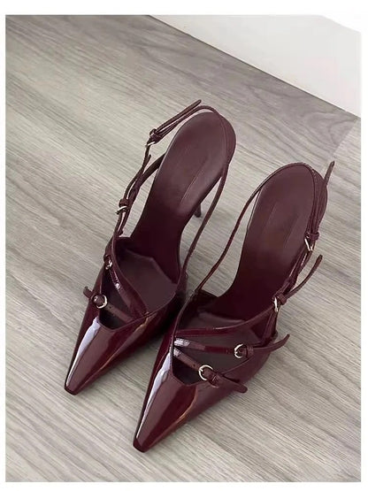 2024New Patent Leather One-Strap Cat Heel Closed-Toe Sandals Sexy Black Silk Pointed Toe Stiletto High Heels for Women