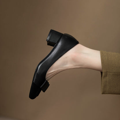 French style color-blocking high heels for women2024Spring and Autumn New Style Chunky Heel Bow Retro Mid-Heel Single Shoes