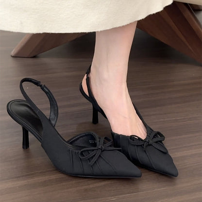 French Gentle•White Pleated Bow High Heels for Women Spring Backless Shallow Mouth