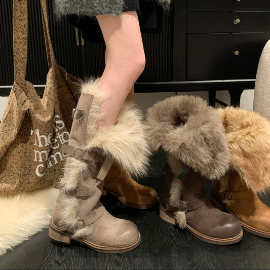 Yueyu Utopia Hot Girl2025Winter New Russian Style High Tube Buckle Thick Velvet Fashion Versatile Warm Snow Boots