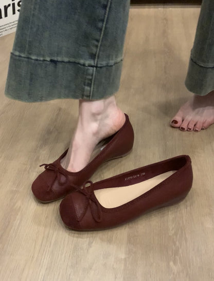 Women's French Style Shoes with Hidden Wedge2025Spring and Autumn New Suede Bowknot Slip-On Light Mouth Apricot Evening Shoes