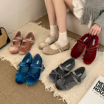 Soft Sole Version~Gentle Evening Breeze Gray One-Strap Mary Jane Shoes for Women Spring and Autumn Ballet Flats Flat Granny Shoes