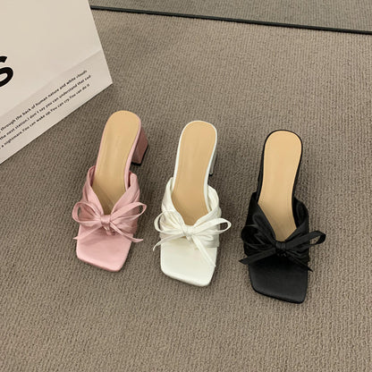 French-style High-end Satin Bow Thick Heel Sandals for Women2023New summer open-toe high heels