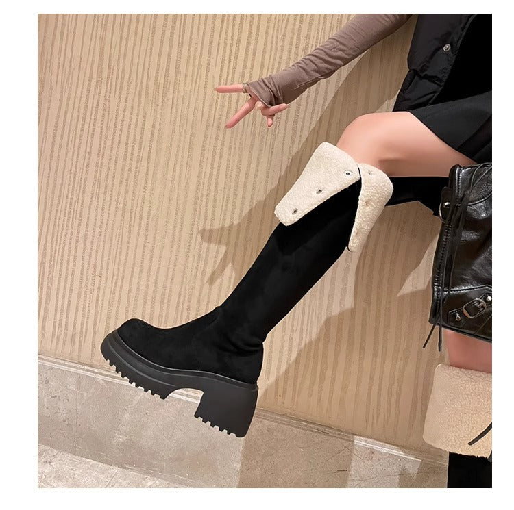 2025New Retro Small Western Boots for Women, Autumn and Winter Fleece-Lined Over-the-Knee Long Boots, Brown Long Boots, Riding Boots