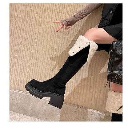 2025New Retro Small Western Boots for Women, Autumn and Winter Fleece-Lined Over-the-Knee Long Boots, Brown Long Boots, Riding Boots