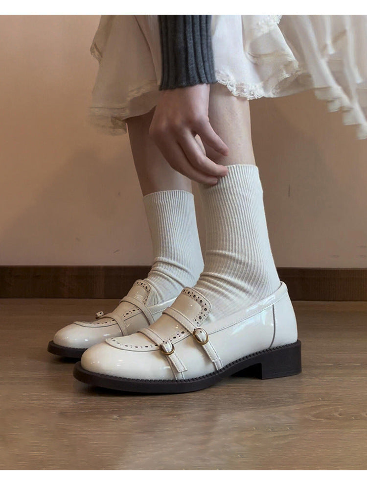 French Style Gentle White Loafers for Women with Belt Buckle Carved Slip-On Low Heel Shoes