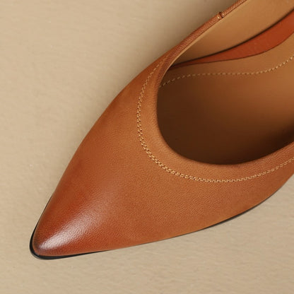 French Retro Color-Washed Pointed Toe Shallow Mouth Women's Shoes2023Spring new style comfortable soft leather thick heel low heel shoes