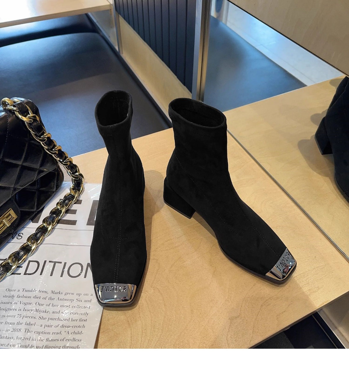 Women's Suede Ankle Boots2024Autumn New Fashionable Chunky Heel Metal Square Toe Mid-Heel Stretch Slim Sock Boots