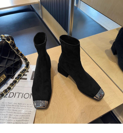 Women's Suede Ankle Boots2024Autumn New Fashionable Chunky Heel Metal Square Toe Mid-Heel Stretch Slim Sock Boots