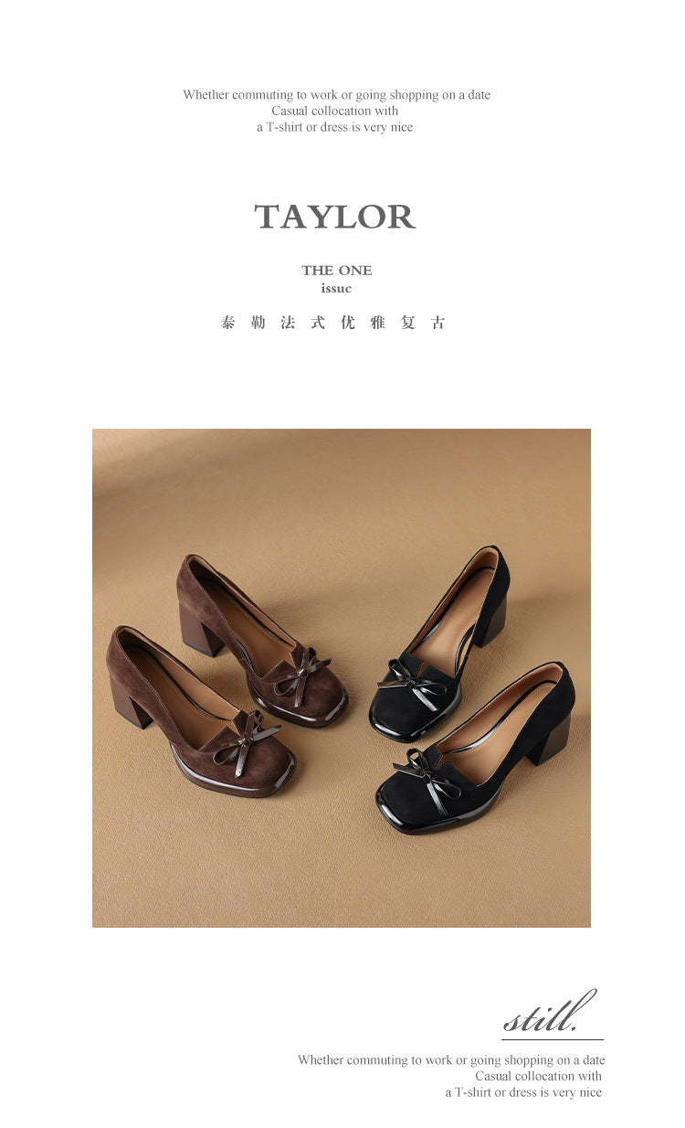 2024Spring New Style Bowknot Matte Chunky Heel Pumps for Women Shallow Mouth Waterproof Platform Chunky Heel Pumps