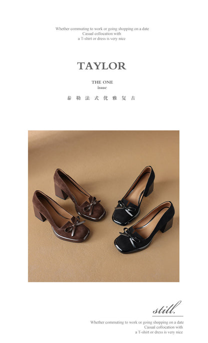 2024Spring New Style Bowknot Matte Chunky Heel Pumps for Women Shallow Mouth Waterproof Platform Chunky Heel Pumps