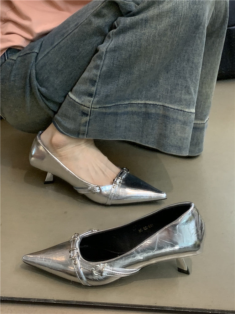 French-style Niche High Heels Women's Shoes2024New style elegant black pointed toe shallow mouth commuter shoes