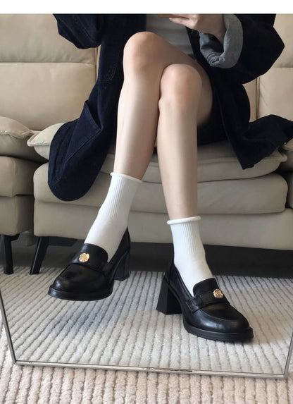 Camellia Loafers for Women2024New French Style Chunky Heel Black High Heel British Style Small Leather Shoes
