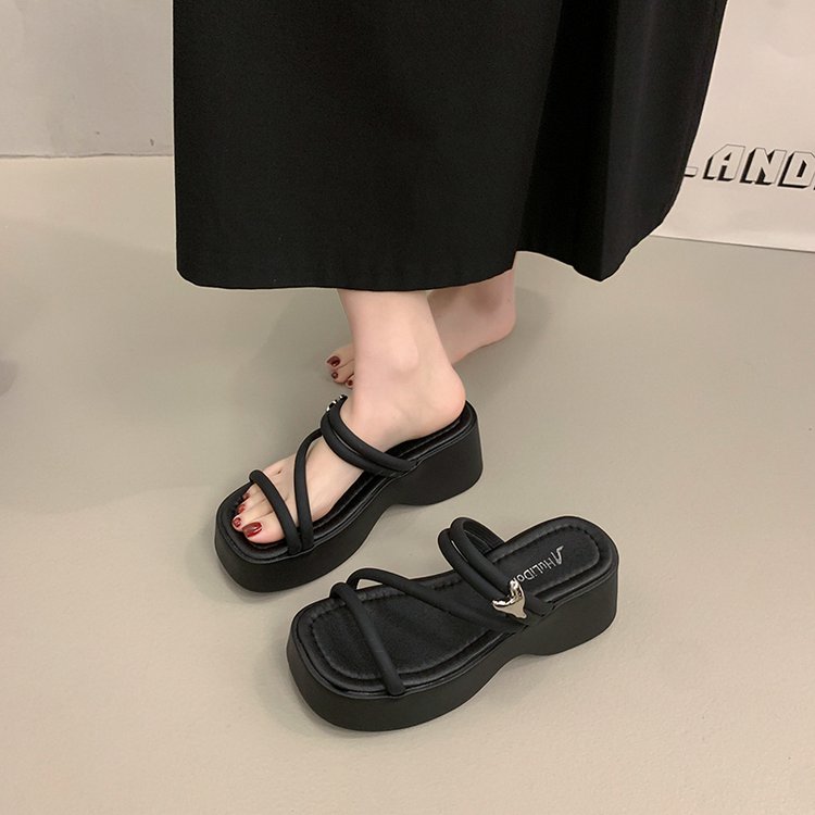 Solid Color Platform Sole Slippers PU Rubber mid-heel(3-5cm)