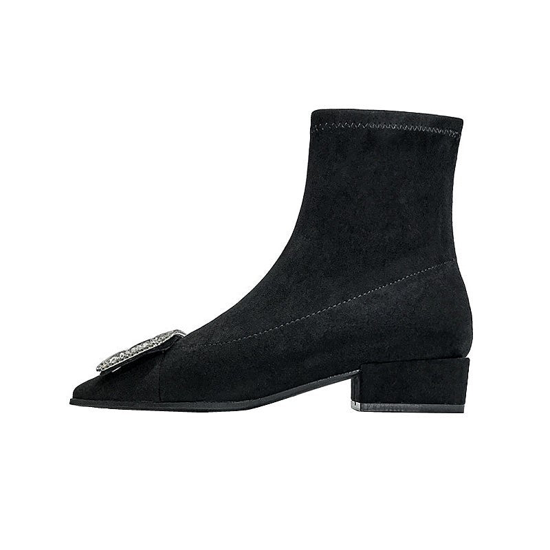 Square Buckle Rhinestone Elastic Sock Boots for Women, Low Heel, Chunky Heel, Black Square Toe Short Boots, Suede Slim Boots for Women