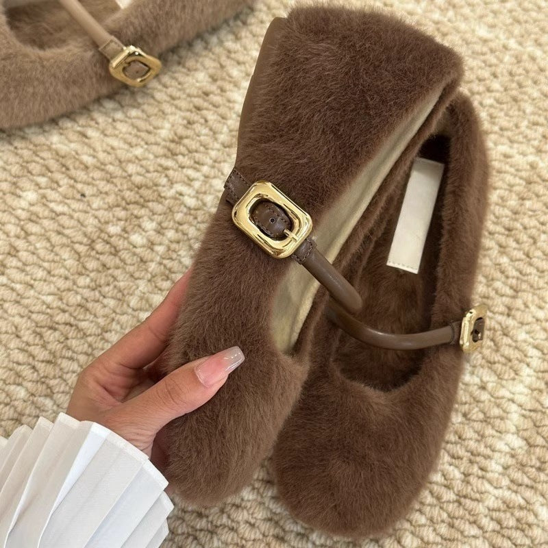 Fairy Style Internal Height Increase5cm Mary Jane Furry Shoes for Women2024New autumn and winter plush single shoes