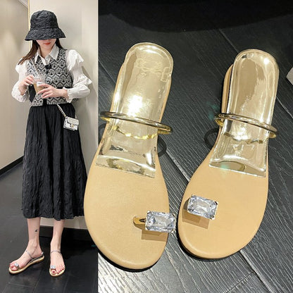 PU Square Heel Low Heel Slippers Rubber Toe