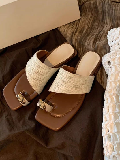 Thick Heel Vacation Style Straw Weave Toe Clip Sandals for Women Summer Outdoor Wear2024New French Style Sandals