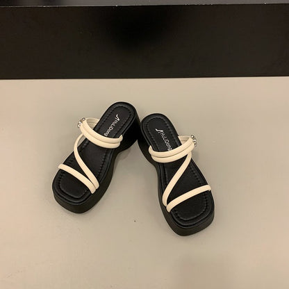 Solid Color Platform Sole Slippers PU Rubber mid-heel(3-5cm)