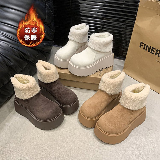 Artificial Short Plush Rubber Platform Sole Round Toe Boots High Heel(6-8cm)Short Suede Fashion Boots with Back Zipper