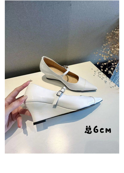 Yi Mengling Same Style2023Shoe Fairy Shoes to Match Dress Rich Lady Shoes Wedge White Single Shoes Pointed Toe Maggie Jane