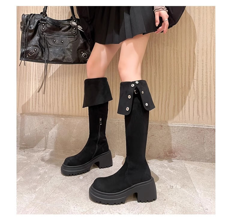 2025New Retro Small Western Boots for Women, Autumn and Winter Fleece-Lined Over-the-Knee Long Boots, Brown Long Boots, Riding Boots