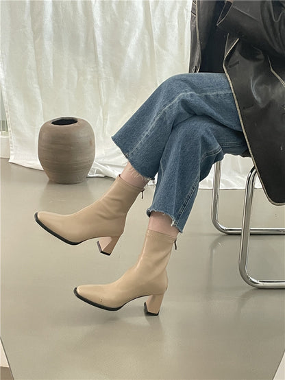 High Heel Slim Boots for Women Little Fairy2024New Year's Thick Heel Chimney Boots Internet Celebrity Fashion Chelsea Short Boots