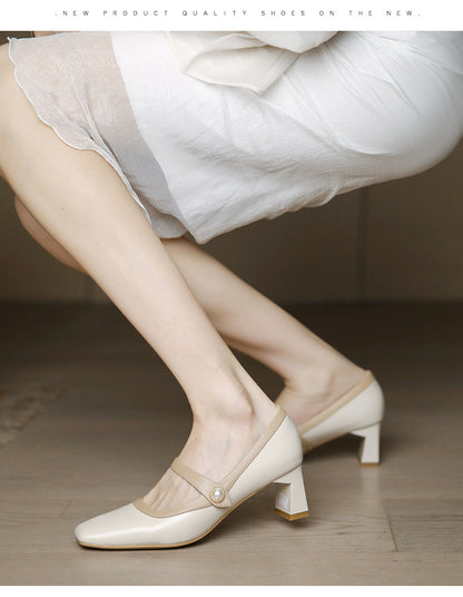 Mary Jane High Heels for Women, Chunky Heel, 2025 New Vintage Style, Versatile with Dresses, French Mid-Heel Square Toe Pumps for Women