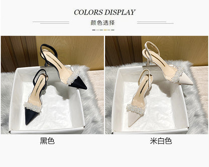 Women's Closed-Toe Sandals for Spring and Summer2023New Year's New French Transparent Pointed Toe Small Heel White High Heels Stiletto Single Shoes