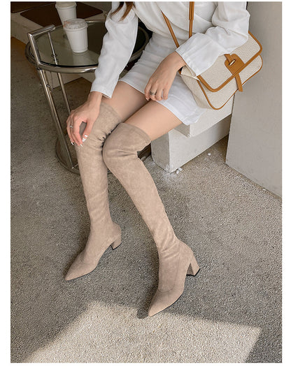 Long Boots for Women, Stretch Long Boots, Pointed Toe High Heel Boots, Over-the-Knee Boots, Suede High Boots, Khaki Color