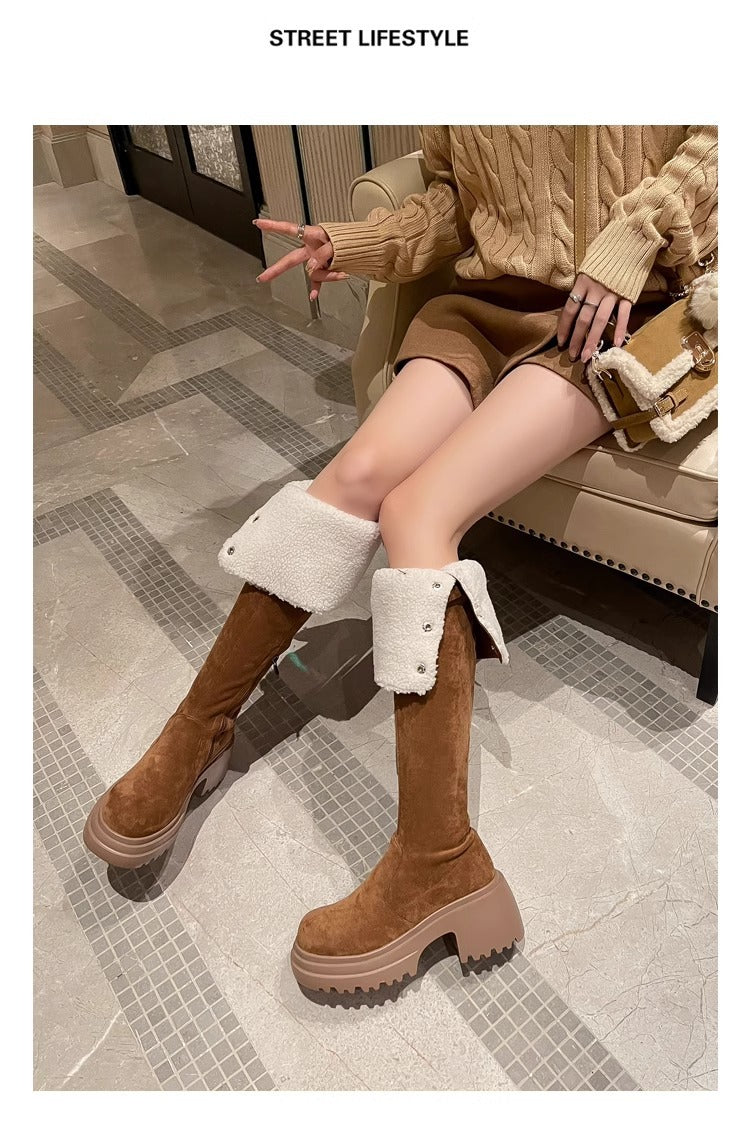 2025New Retro Small Western Boots for Women, Autumn and Winter Fleece-Lined Over-the-Knee Long Boots, Brown Long Boots, Riding Boots