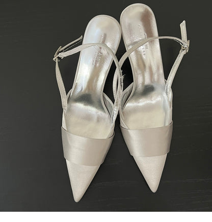Cool and sophisticated！Pointed Toe silver Satin Sandals for Women, Closed Toe, Open Back, Stiletto High Heels2025