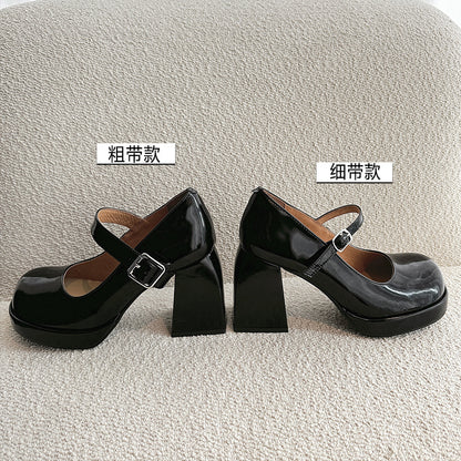Black thick high heels2023New Style One-Strap Mary Jane Shoes Shallow Mouth Single Shoes for Women Round Toe