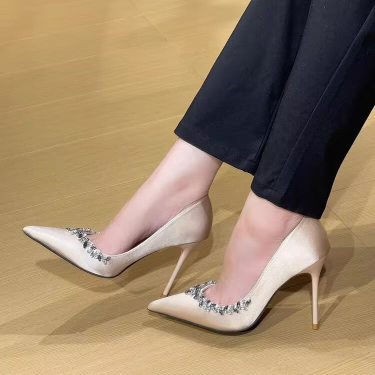 Purple high heels for women with thin heels and pointed toes, decorated with rhinestones V Elegant Socialite Style French Single Shoes2024Winter New