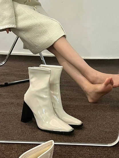 Kendall Jenner Style Short Boots for Women2023New Autumn Winter Square Toe Patent Leather Chunky Heel Short Slimming High Heel Boots