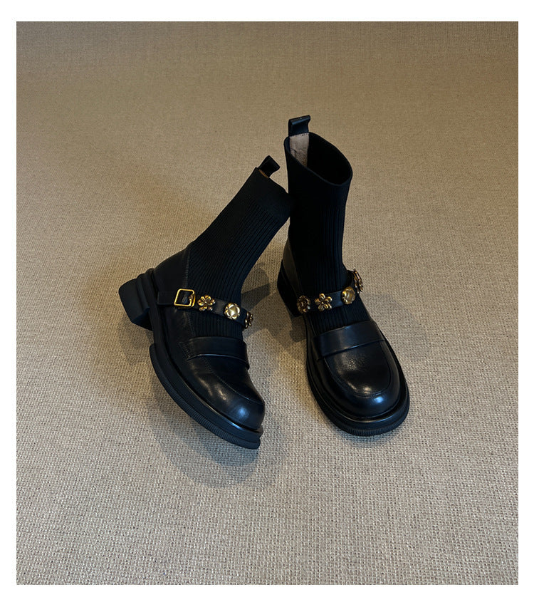 Thick-Soled Metal Buckle Elastic Short Boots Retro College Style Knitted Slim Boots Women Versatile Loafers Sock Boots
