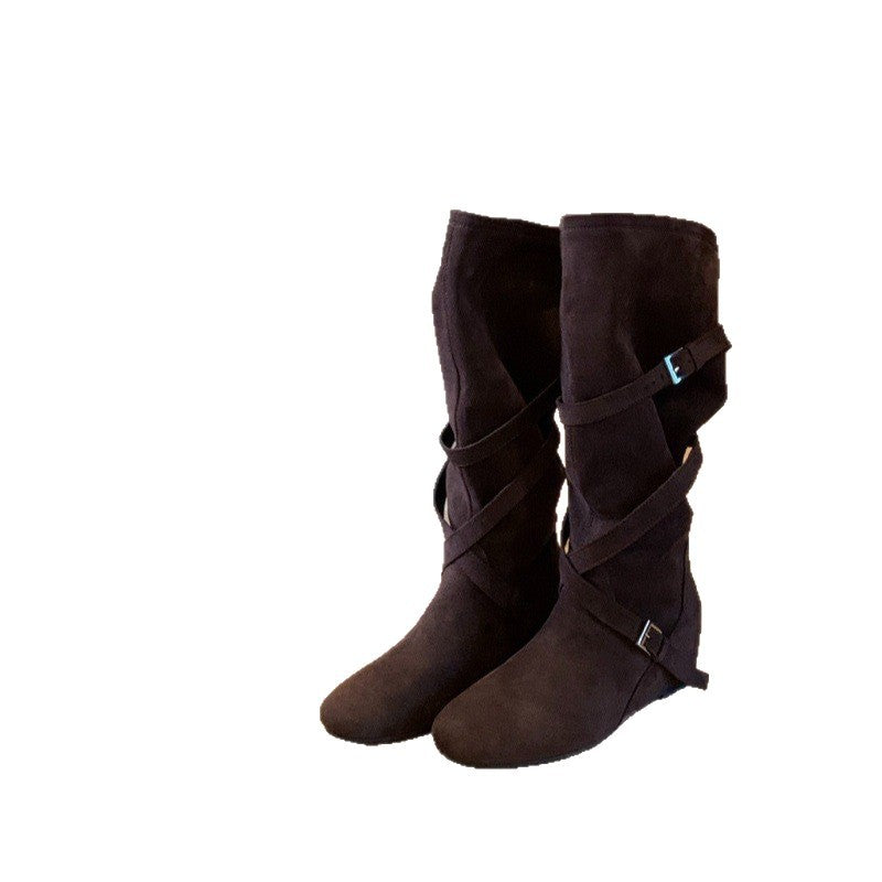 2025New Retro Matte Height-Increasing6cm~Korean Style Round Toe Buckle Strap Soft Wrinkled Slimming High Boots for Women Autumn