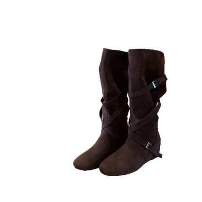 2025New Retro Matte Height-Increasing6cm~Korean Style Round Toe Buckle Strap Soft Wrinkled Slimming High Boots for Women Autumn