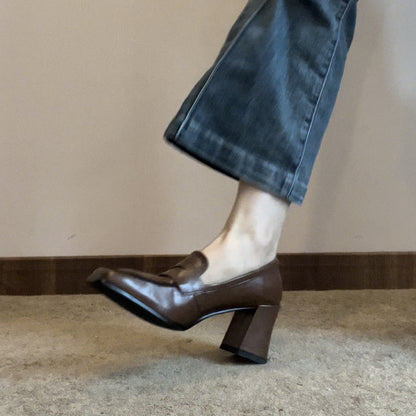 Women's Autumn Chunky High Heels2023New Black British Style Loafers Elegant Square Toe Single Shoes