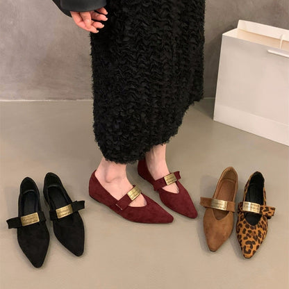 Red Pointed Toe Mary Jane Shoes with Hidden Wedge for Women2024New Spring and Autumn French Leopard Print Small Shoes